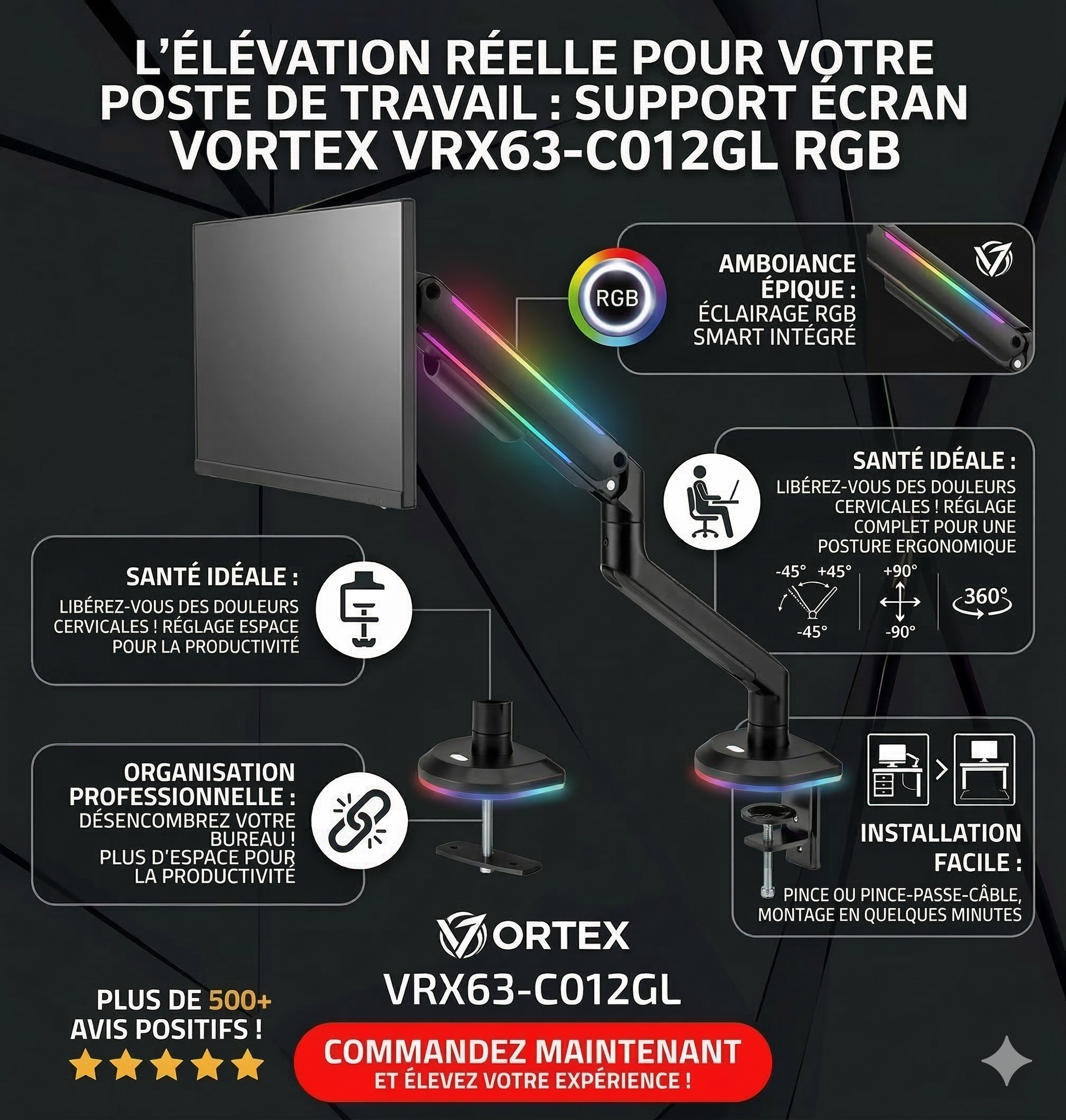 Support écran VORTEX VRX63-C012GL RGB éclairage ergonomique 360° gaming bureau Algérie DahuaDZ