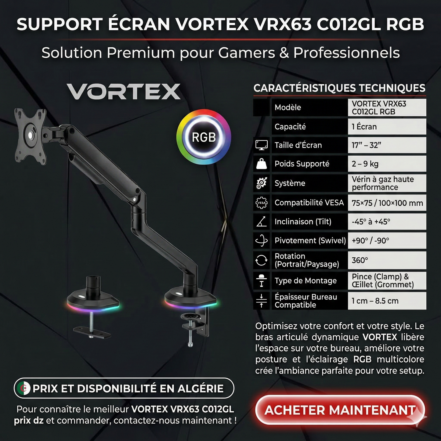 Support écran VORTEX VRX63 C012GL RGB bras articulé gaming 2 écrans prix Algérie DahuaDZ
