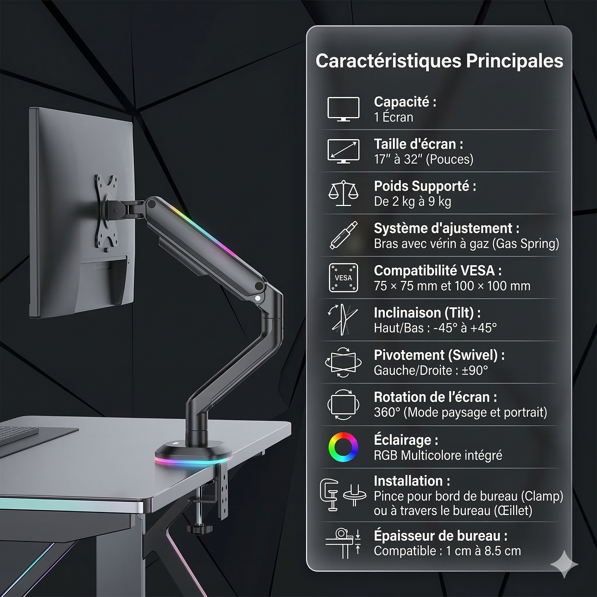 Bras support écran VORTEX VRX63 C012GL RGB réglable VESA Gas Spring gaming Algérie DahuaDZ