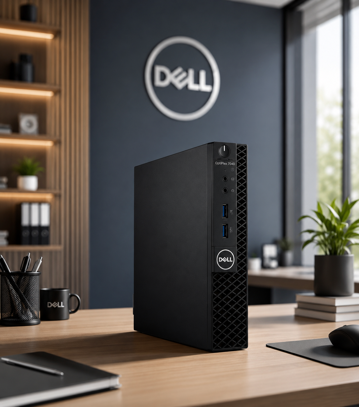 Dell OptiPlex 7040 Micro على مكتب — حجم صغير ومنافذ USB أمامية